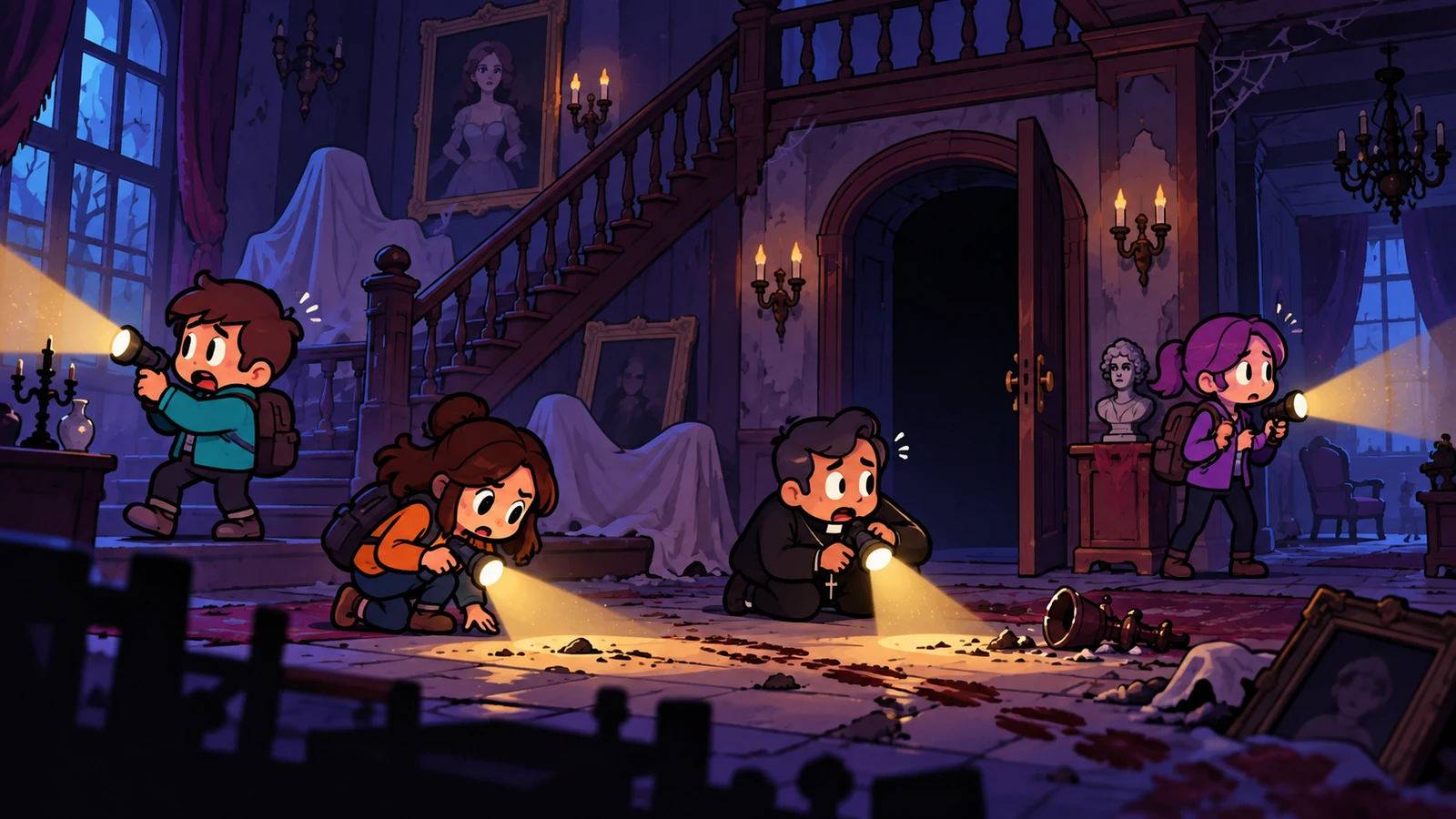 Three or four hunters face a monster in a haunted location, in a 2D view. The hunters must investigate to understand what they are up against; the monster plays on fear.