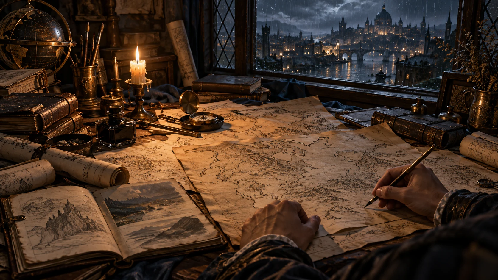 Käarde — atelier de cartographie, illustration d’ambiance générée par IA ; les cartes visibles ne sont pas mes cartes de Käarde.